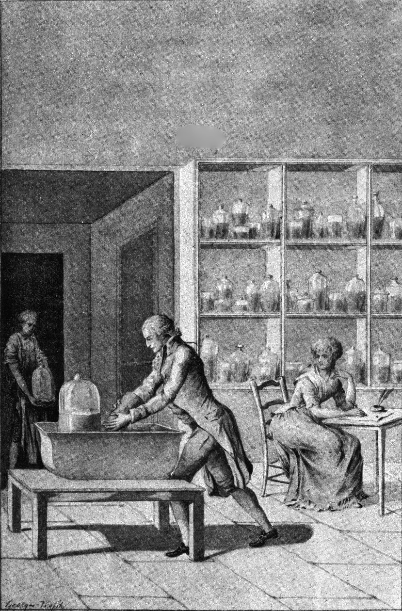 Lavoisier i sitt laboratorium vid Arsenalen, visar ett experiment på andning, 1700-talet av French School