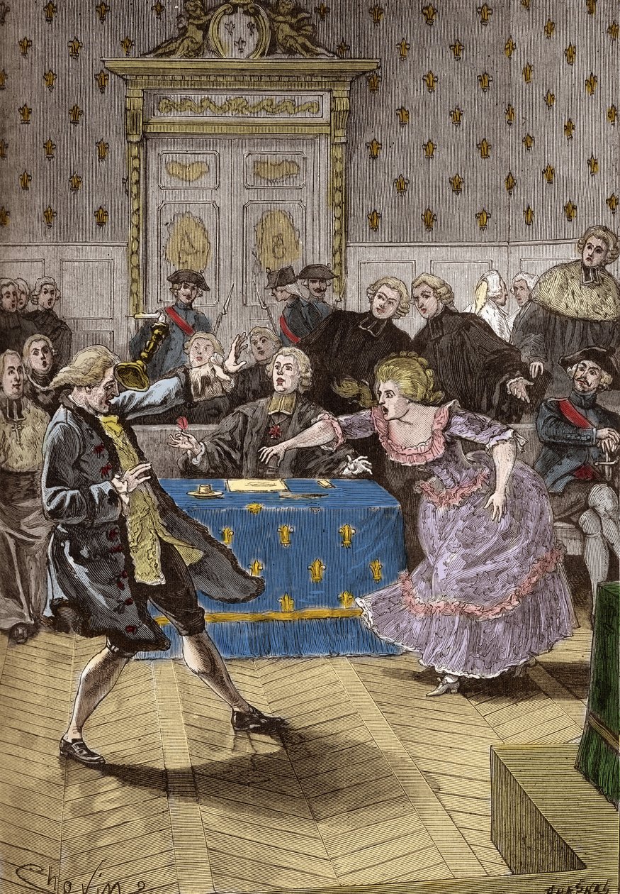 Rättegång om drottningen Marie-Antoinettes halsbandsaffär - Inför parlamentet i Paris driver Cagliostro den falska grevinnan av Lamotte-Valois för långt, en intrigör som lurade kardinalen av Rohan. 31 maj av French School