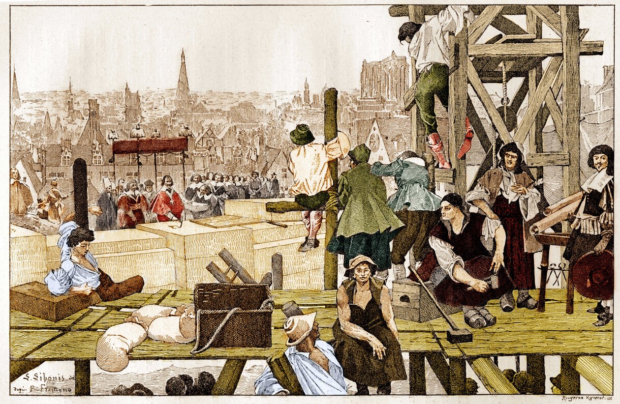Nedläggning av Sorbonnes första sten, av kardinal Richelieu, i närvaro av Rouen Francois du Harlays båge på 1600-talet. av French School