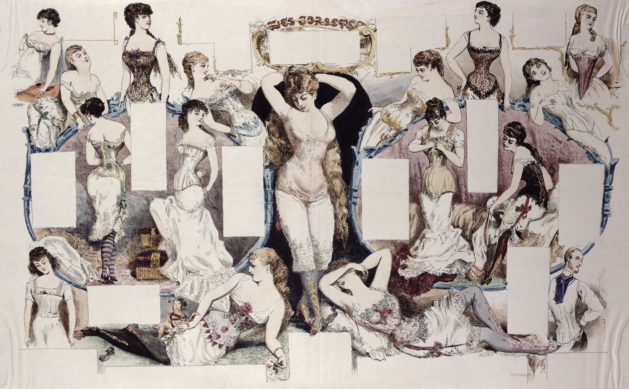 Layoutillustrationer för en artikel om damunderkläder, från La Vie Parisienne, ca 1870 av French School