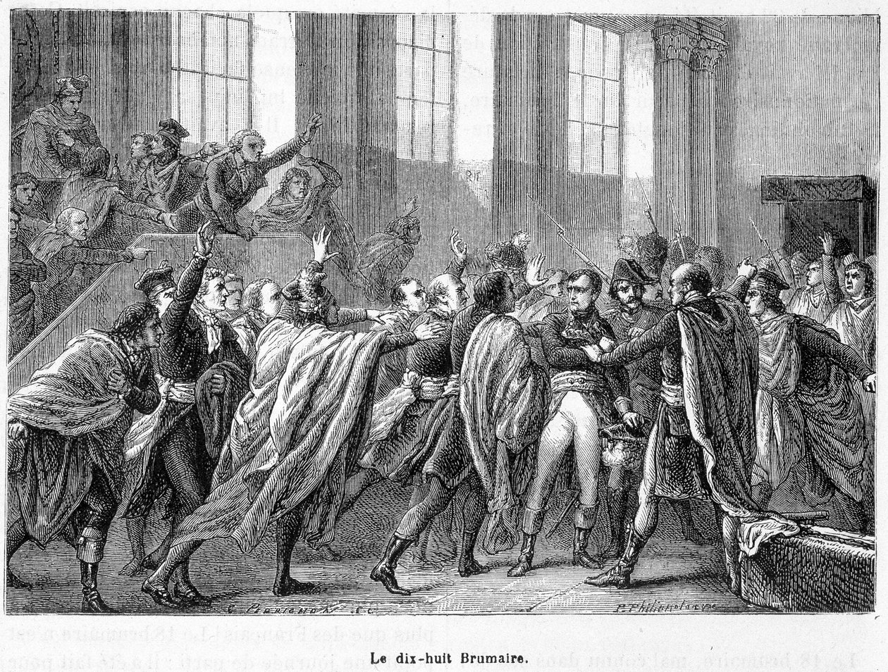 18 Brumaire år 8: Napoleons statskupp i Saint-Cloud i Conseil des Cinq-Cents (femhundra) (rum på 500) - i "La France Populaire" av French School
