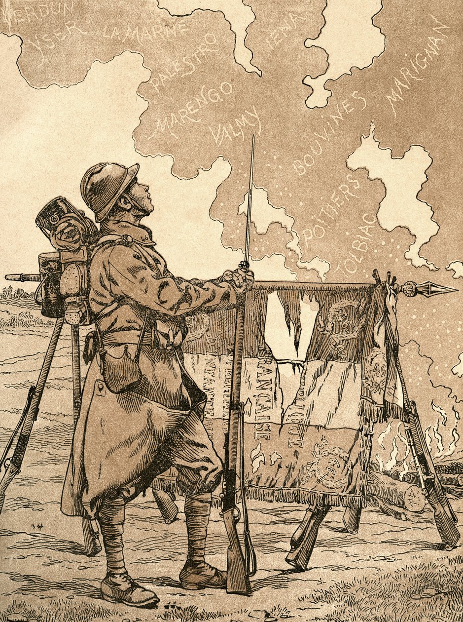 Le Bleuet. Symbol för minne och solidaritet i Frankrike, för veteraner och offer från första världskriget. Fransk propagandaillustration från första världskriget som frammanar franska segrar genom tiderna. Från Agenda Buvard du Bon Marche publicerad 1917. av French School