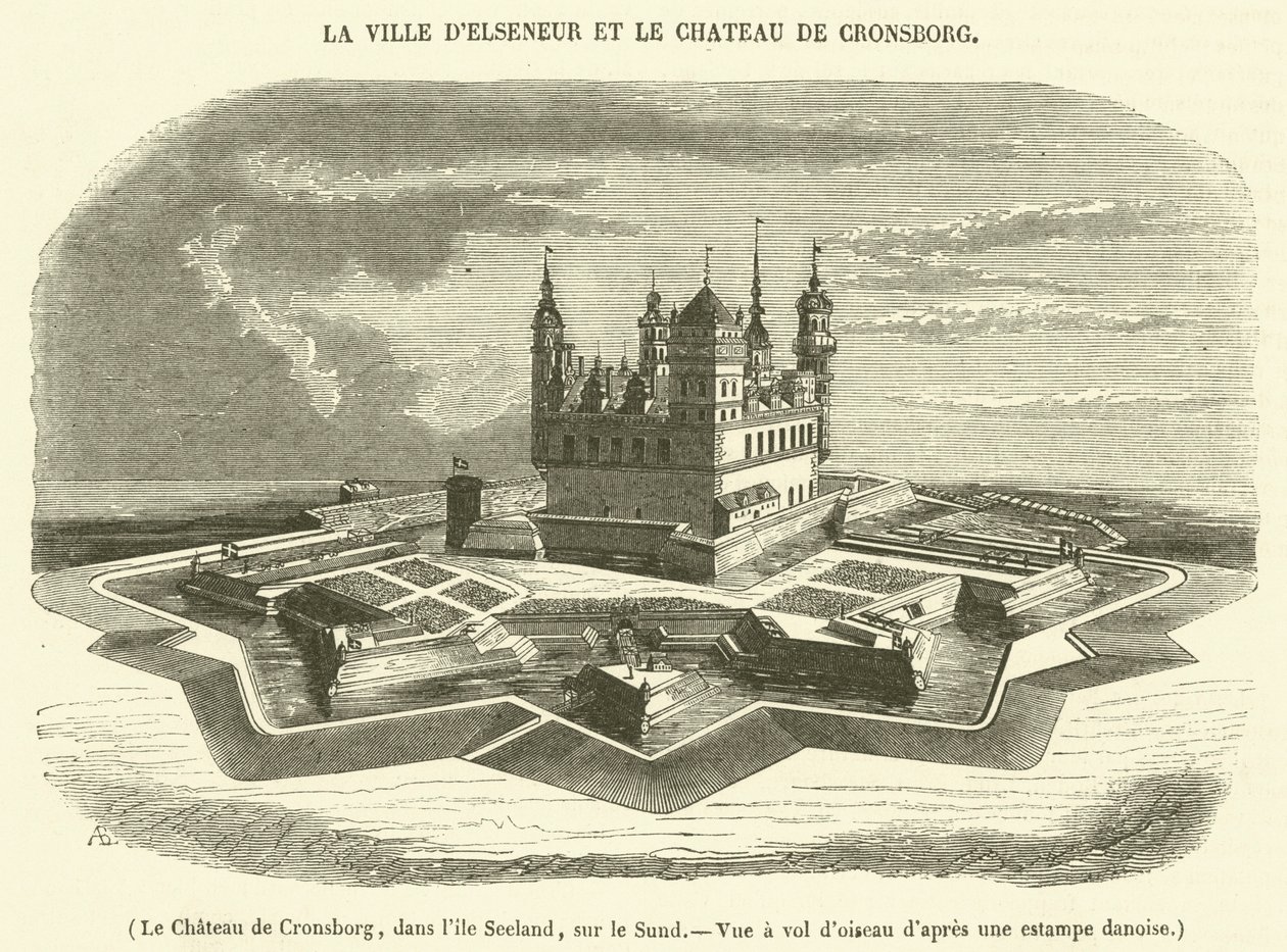 Cronsborgs slott, på ön Seeland, vid Sund, fågelperspektiv (gravyr) av French School