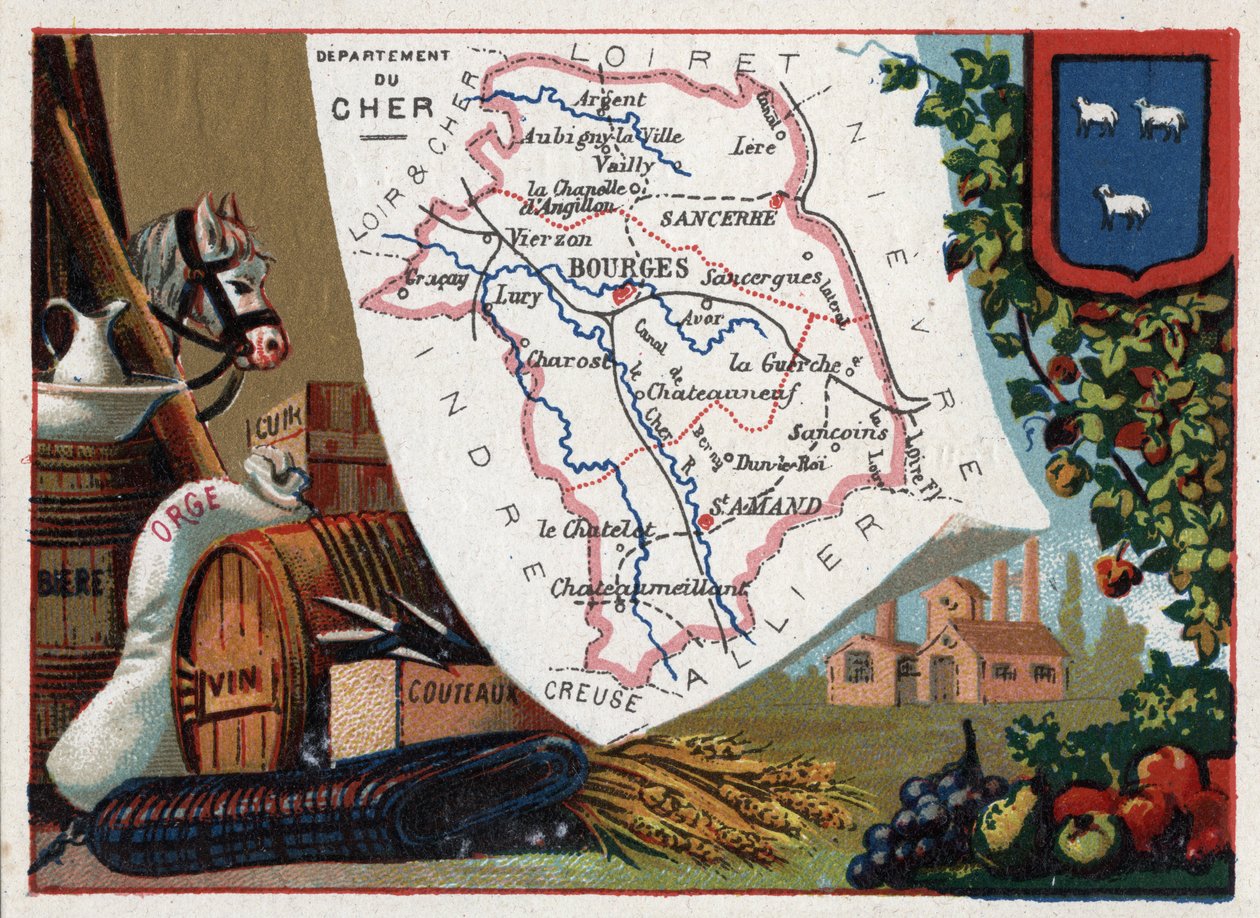 Le Cher (18), Centre, Frankrike. Serie om de franska departementen. Öl, korn, läder, vin och knivar. Kromolitografi (Chromo) "" den geografiska tråden"", ca 1920. Privat samling. av French School