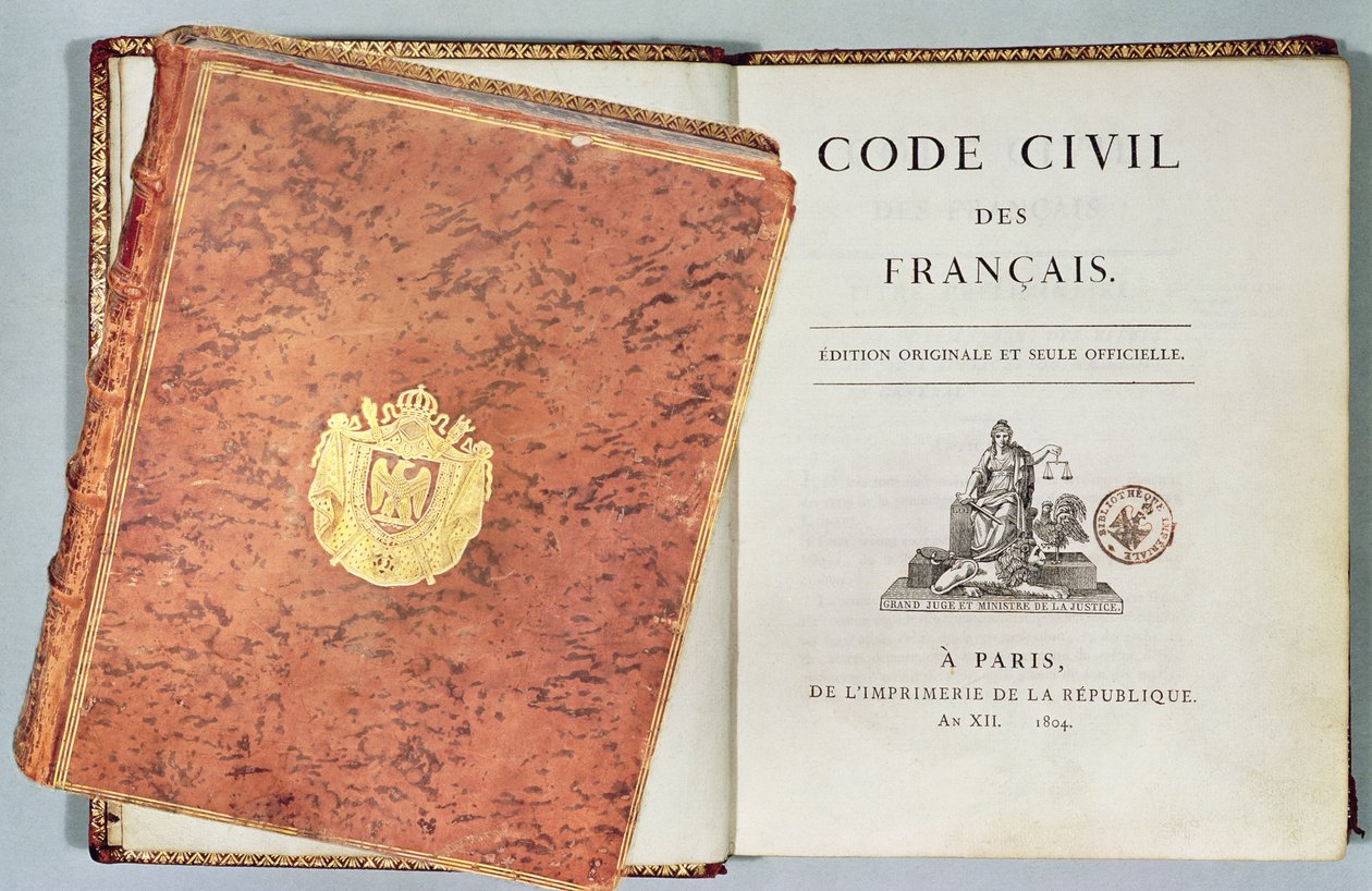 Le Code Civil des Francais, som visar bindning och titelblad, första upplagan pub. 1804 av French School