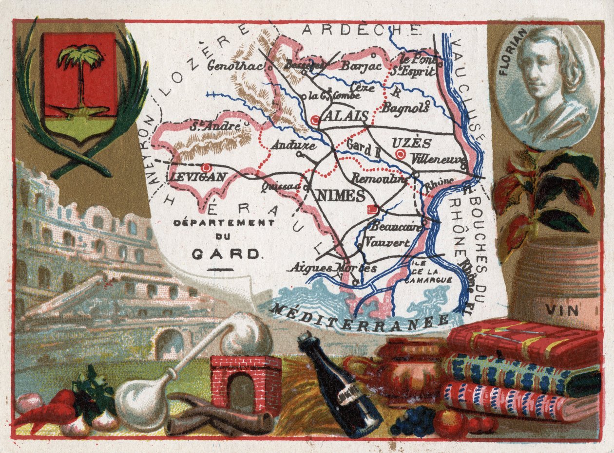 Le Gard (30), Languedoc-Roussillon (Languedoc Roussillon), Frankrike - Lokal specialitet: eau de vie (destillationsapparat) och vin - Porträtt av Jean-Pierre-Claris (Jean Pierre Claris) de Florian (1755-1794) - Serie på de franska departementen - Chromoli av French School
