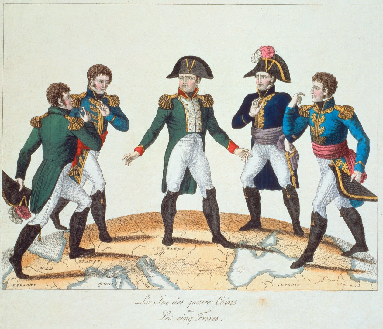 The Game of Four Coins eller The Five Brothers, bonapartistisk tecknad film föreställande Napoleon och hans bröder, 1808 av French School