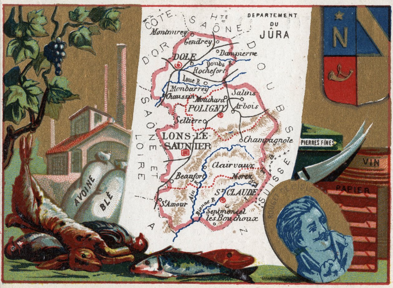 Le Jura (39), Franche Comte (Franche-Comte), Frankrike. Lokal specialitet: jakt, havre, vete, fina stenar, vin och papper. Porträtt av Rouget de L