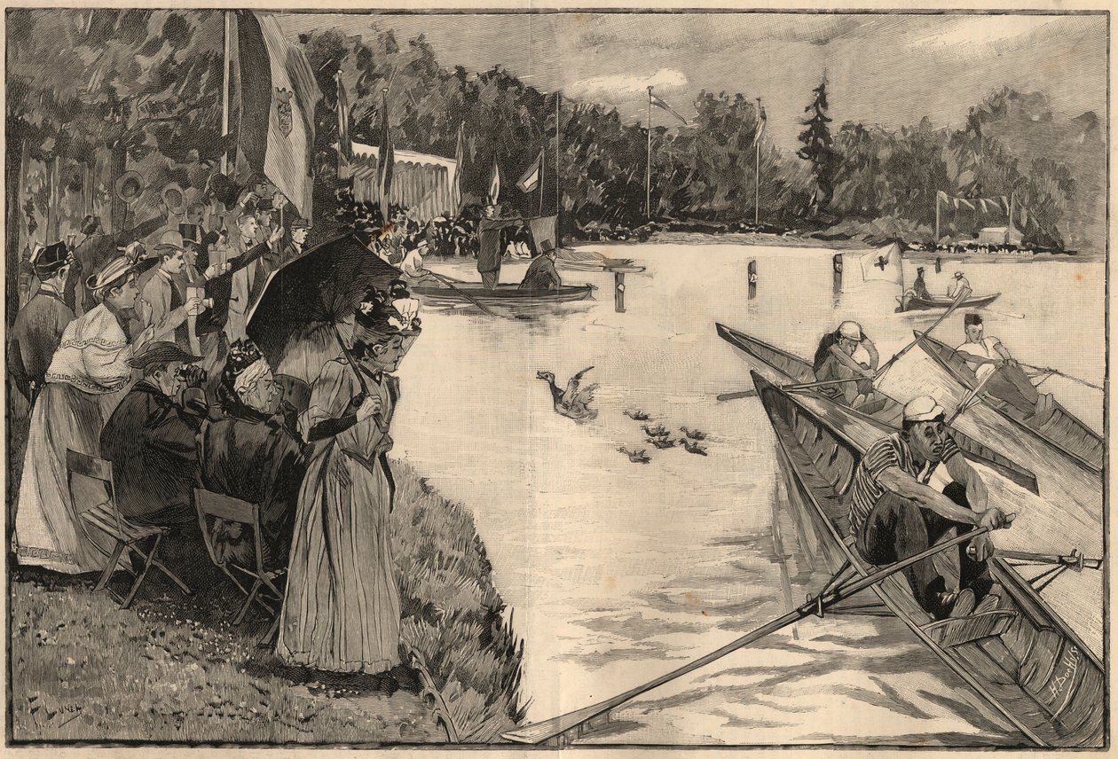 Le Lendit de Paris: skolregater vid Grand lac du bois de Boulogne - Gravyr från 1894 efter teckning av Mr Lunel av French School