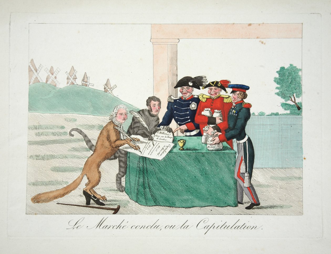 Le Marche avslutade, eller Capitulation, pub. 1814 (handfärgad gravyr) av French School