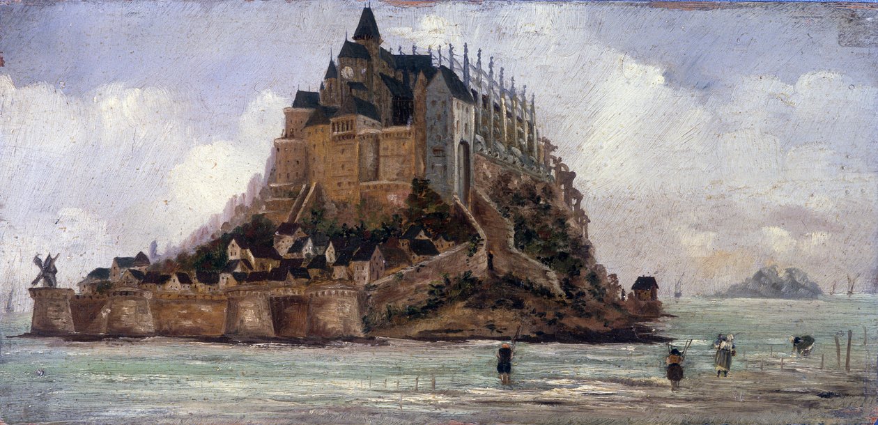Le Mont Saint-Michel en låg sto - olja på panel, anonym av French School
