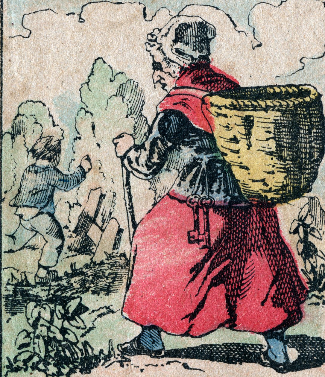 Le Pere Fouettard, fransk karaktär för den piskande fadern, legendarisk folklorefigur som straffar de stygga barnen: hans fru, La Mere Fouettard, den piskande mamman som förföljer barnen som hoppar skolan - Epinal bild av French School