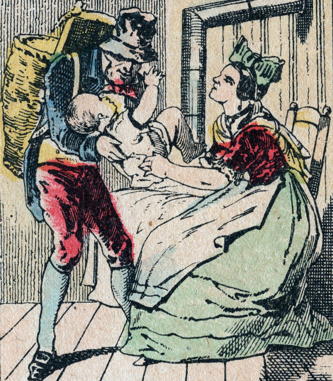 Le Pere Fouettard fransk karaktär för den piskande fadern, legendarisk folklorefigur som straffar de stygga barnen och omsluter de olydiga, Epinal bild 1800-talet (gravyr) av French School