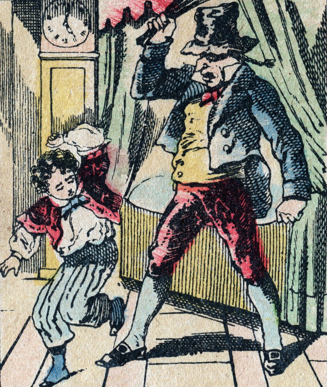 Le Pere Fouettards legendariska folklorekaraktär, som straffar okloka barn med sin piska och omsluter olydiga barn, bild av Epinal av French School
