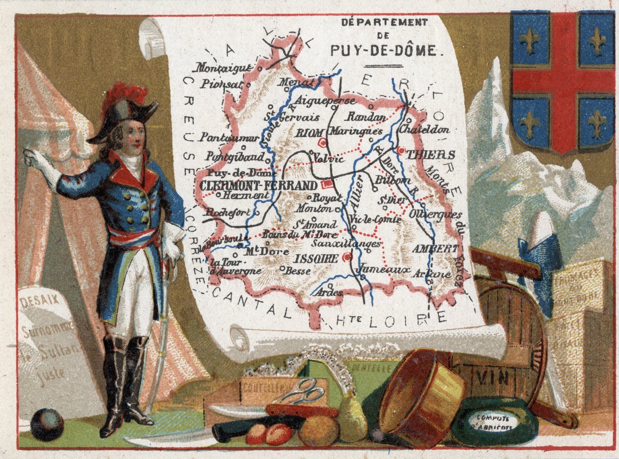 Le Puy Du Dome (Puy-Du-Dome, 63), Auvergne, Frankrike. Porträtt av Louis Charles Antoine Desaix (1768-1800), bestick, vin, aprikoskompott. Serie om de franska departementen. Chromolithography (Chromo) "" den geografiska tråden"", ca 1920. Privat samling av French School