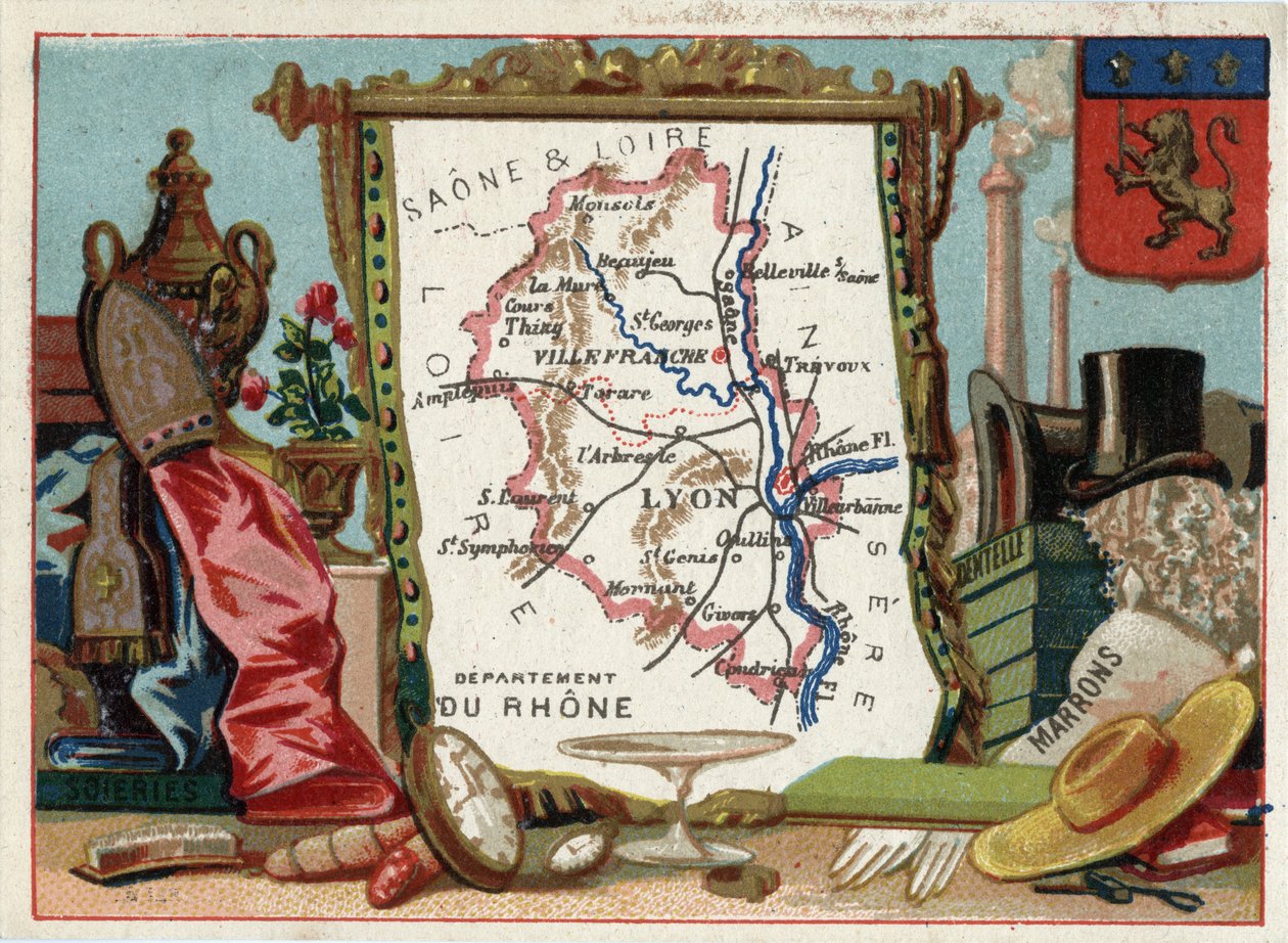 Le Rhone (69), Rhone Alpes (Rhône-Alpes), Frankrike. Lokal specialitet: siden, brunt, spets. Serie om de franska departementen. Kromolitografi (Chromo) "" den geografiska tråden"", ca 1920. Privat samling. av French School