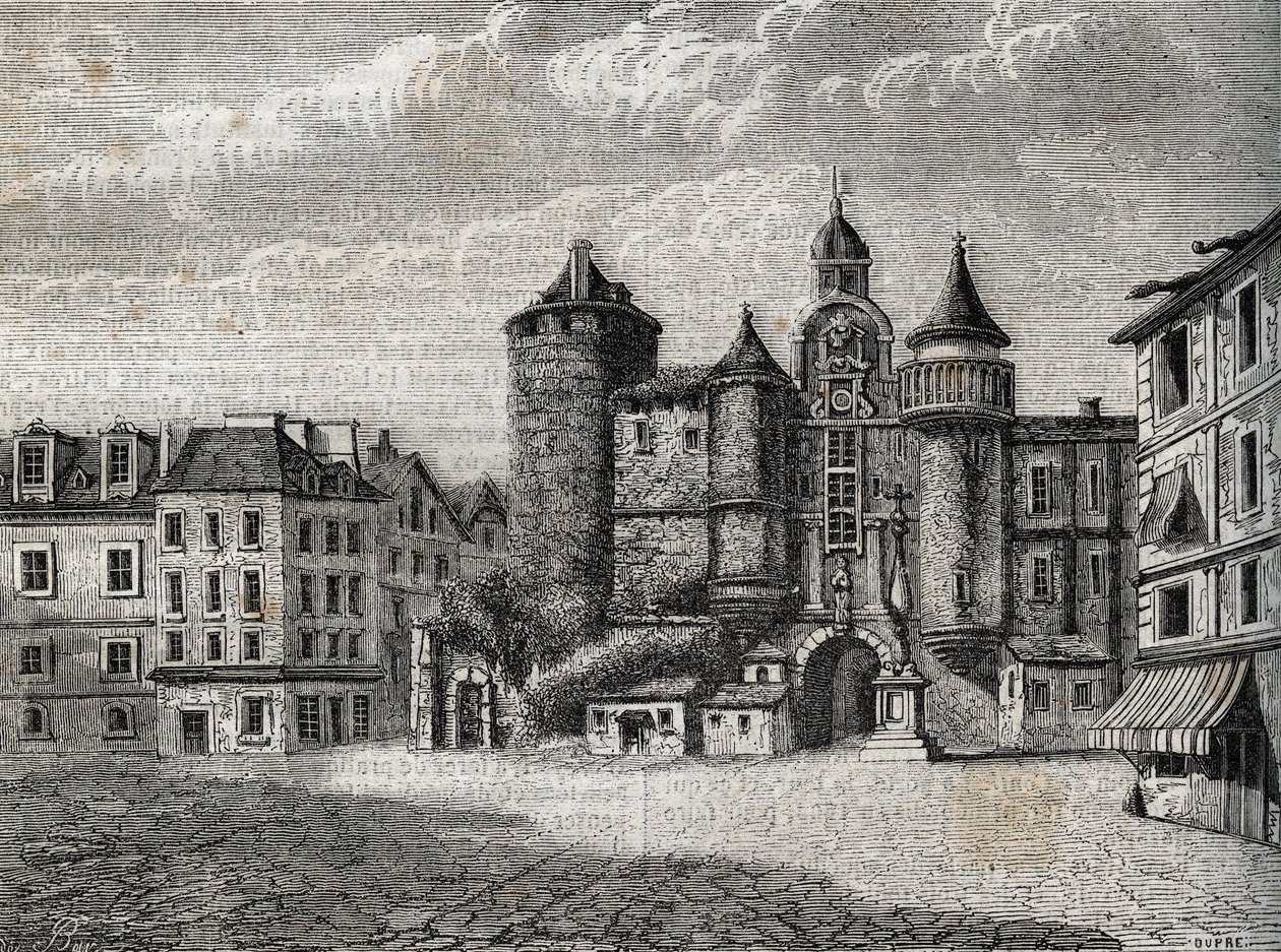Le Vieux Paris - le Grand Chatelet - Gravyr i "" Fysisk, civil och moralisk historia i Paris: från de tidigaste historiska tiderna till idag" av Jacques Antoine Dulaure av French School