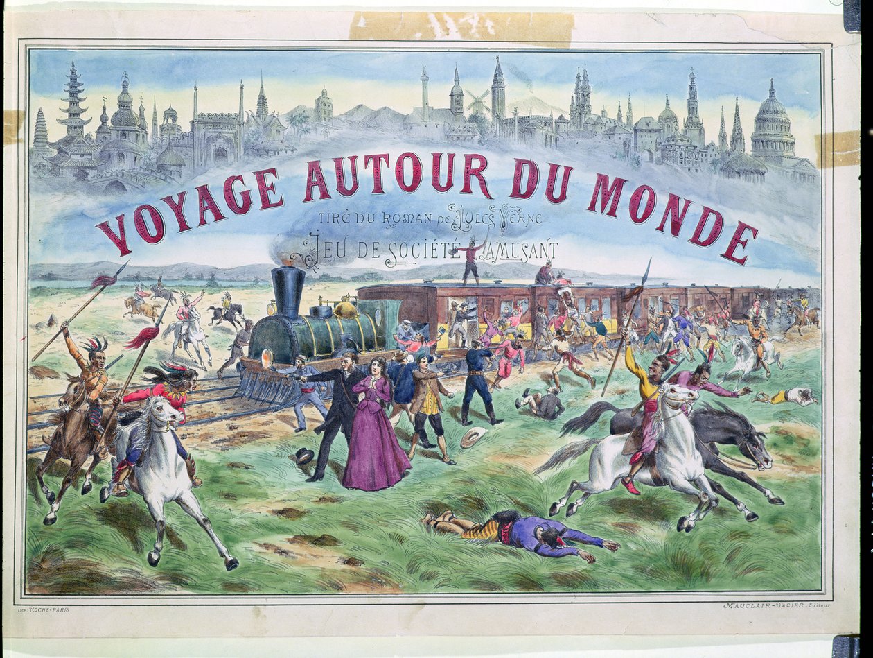 Le Voyage Autour du Monde, omslag till en låda för ett spel baserat på Around the World in 80 Days av Jules Verne (1828-1905) av French School
