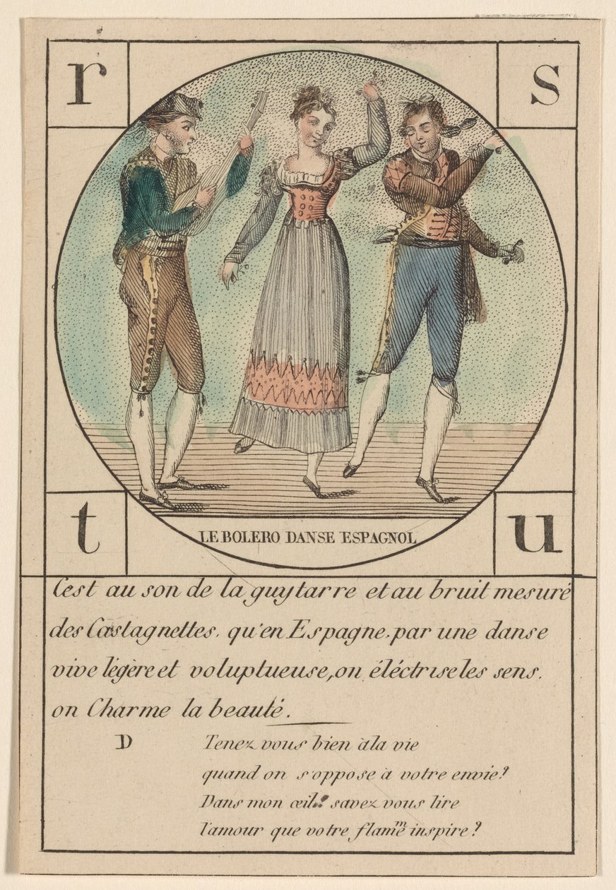 "The Bolero, Spanish Dance," från en serie alfabetkort, ca 1810-19 av French School