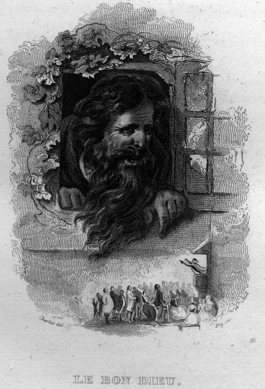 The Good God Chanson de Beranger i "" Oeuvres completes"" (1834) av Pierre Jean de Beranger (1780-1857), fransk poet och låtskrivare. av French School