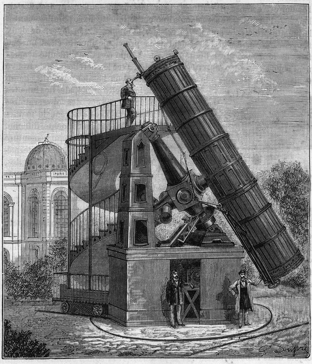 Parisobservatoriets stora teleskop på 1800-talet - Gravyr i "" Sciences à la potee de tous - physics et chimie populaires"" av Alexis Clerc - Sent 1800-tal. Privat samling. av French School