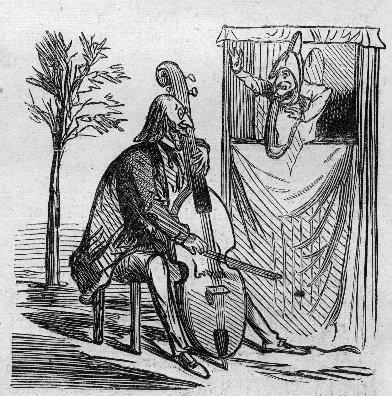 Maestro Offenbach monopoliserar med sin musik alla teatrar i Paris. Den tyska naturaliserade franske kompositören Jacques Offenbach (1819-1880) spelar cello. Cham tecknad. Gravyr i ""Le Monde Illustre"" nr 499 den 3 november 1866. av French School