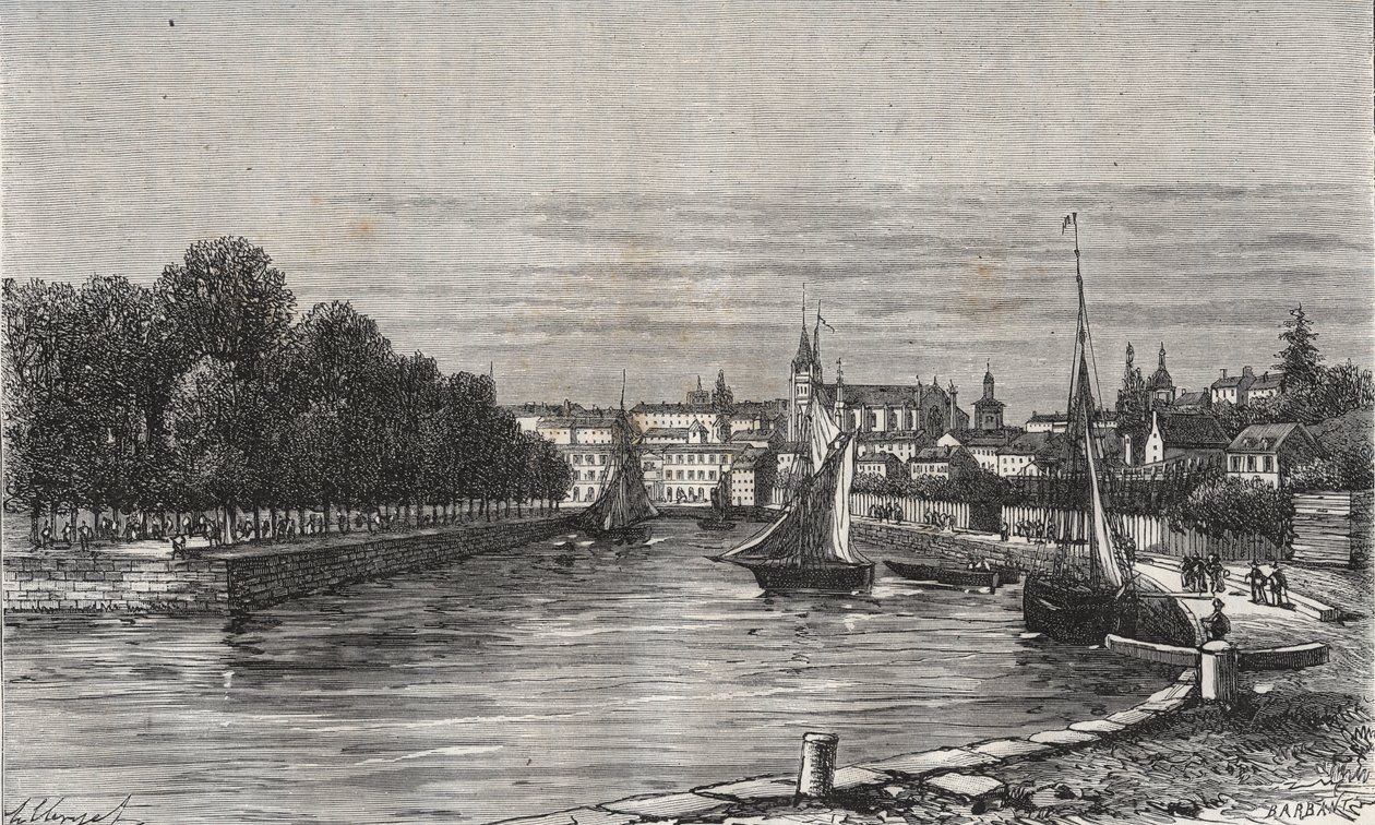 Le port de Vannes (Morbihan, Frankrike)// Hamnen i Vannes (Morbihan, Frankrike) - gravyr i "La France illustrée: geographie, histoire, administrationstatistique" av V.-A. Maltbrunt. 1884 av French School