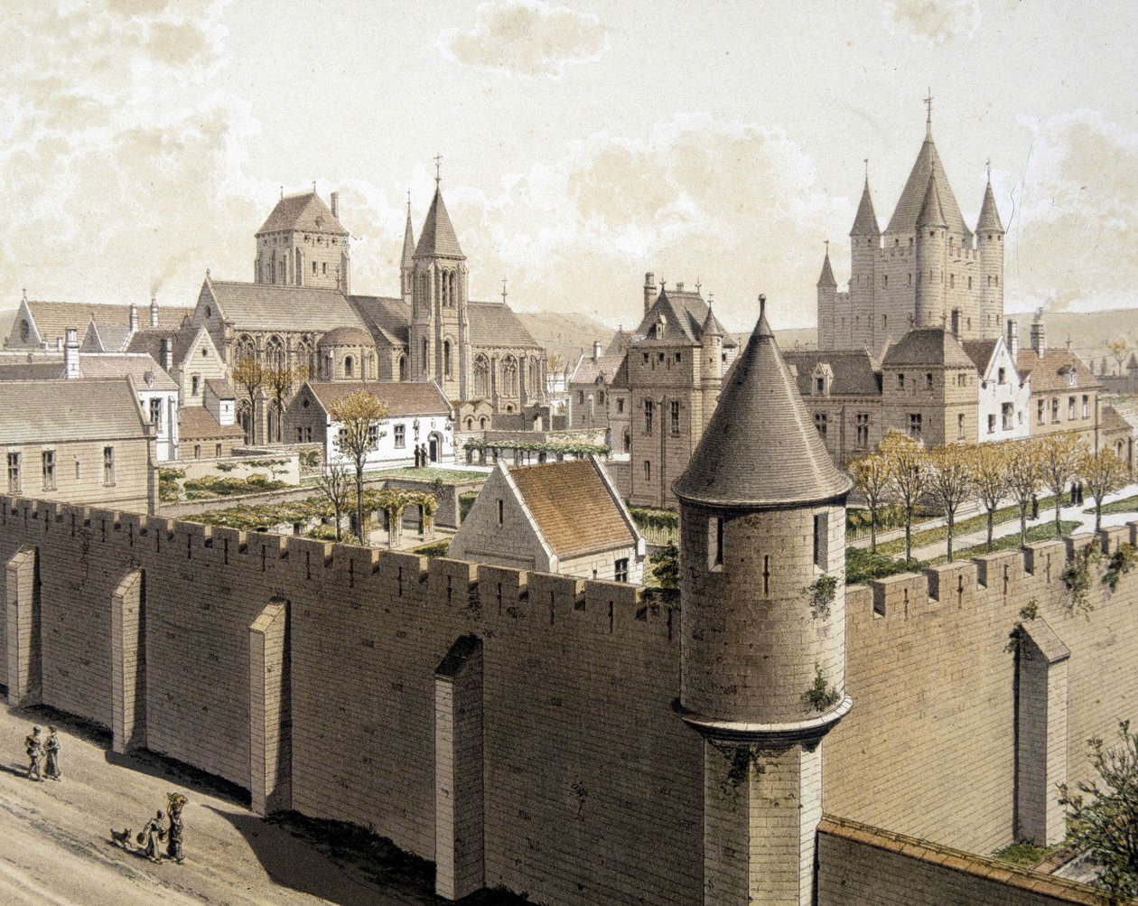 Templet i Paris och rue Royale, nd. 1600-talet - i "Paris genom tiderna: templet och rue Royale", sent 1800-tal av French School