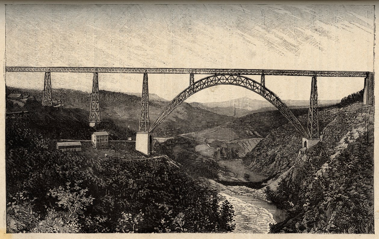Garabit-viadukten - Cantal - Auvergne-Rhône-Alpes - gravyr i "" PATRIE" - PACUREQUIREQUE BESKRIVNING AV FRANKRIKE I 6 VOLYER AV LUCIEN HUARD - slutet av 1800-talet av French School
