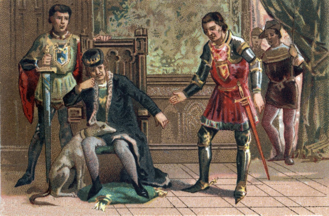 League of Public Good: Kung Ludvig XI möter Karl Temeraire i Peronne, hertig av Bourgogne. Kromolitografi omkring 1890. av French School