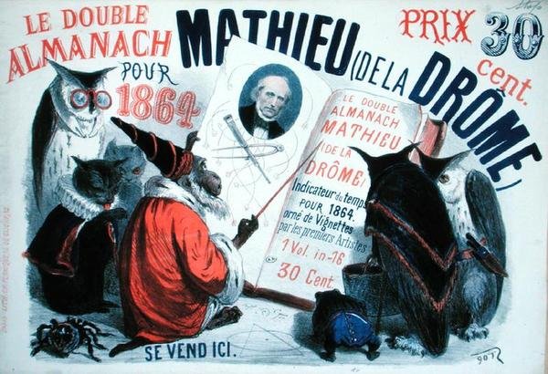 Lärda djur, omslag till "Le Double Almanach Mathieu de la Drome" av French School