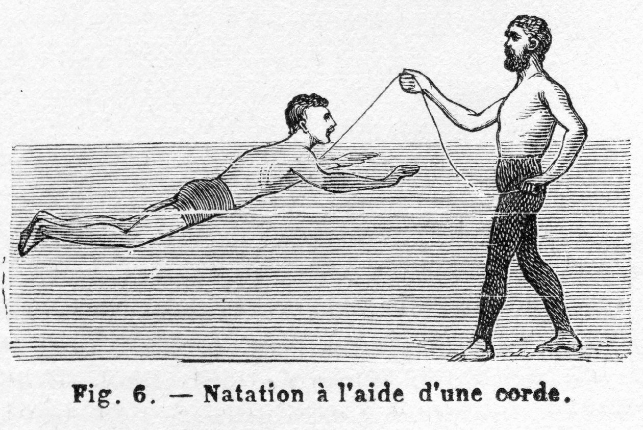 Lära sig simma med sladd, pub. 1885 gravyr, 1885. av French School