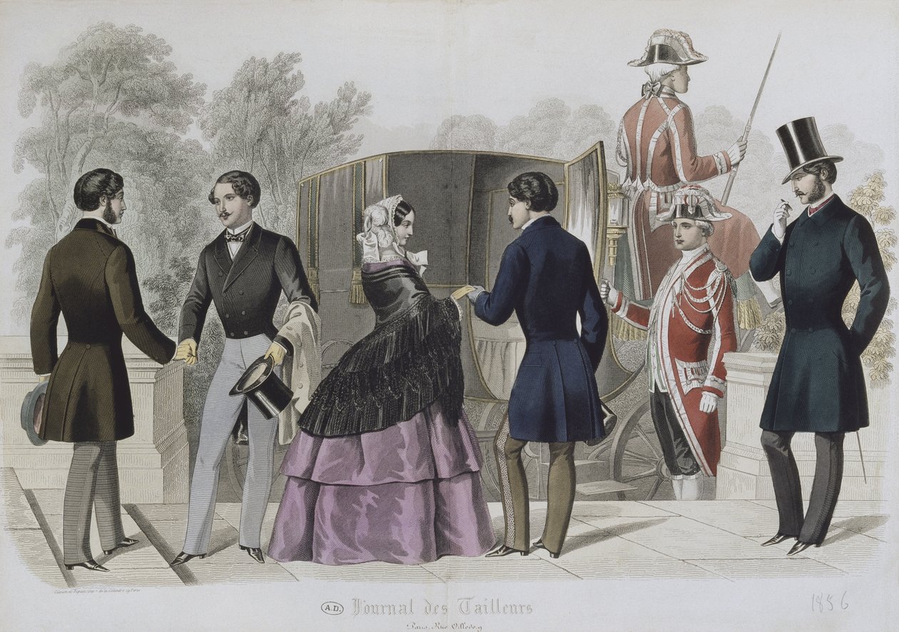 Avresa för en tur i en hytt, illustration från Le Journal des Tailleurs, 1856 (färggravyr) av French School