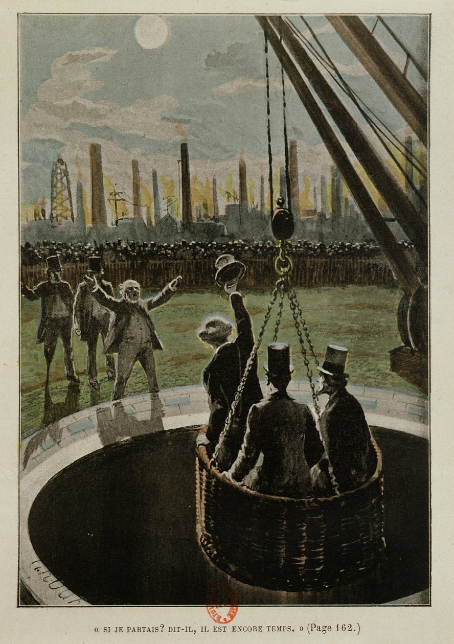 Leaving for the Moon, from From the Earth to the Moon av Jules Verne (1828-1905) publicerad 1865 av French School