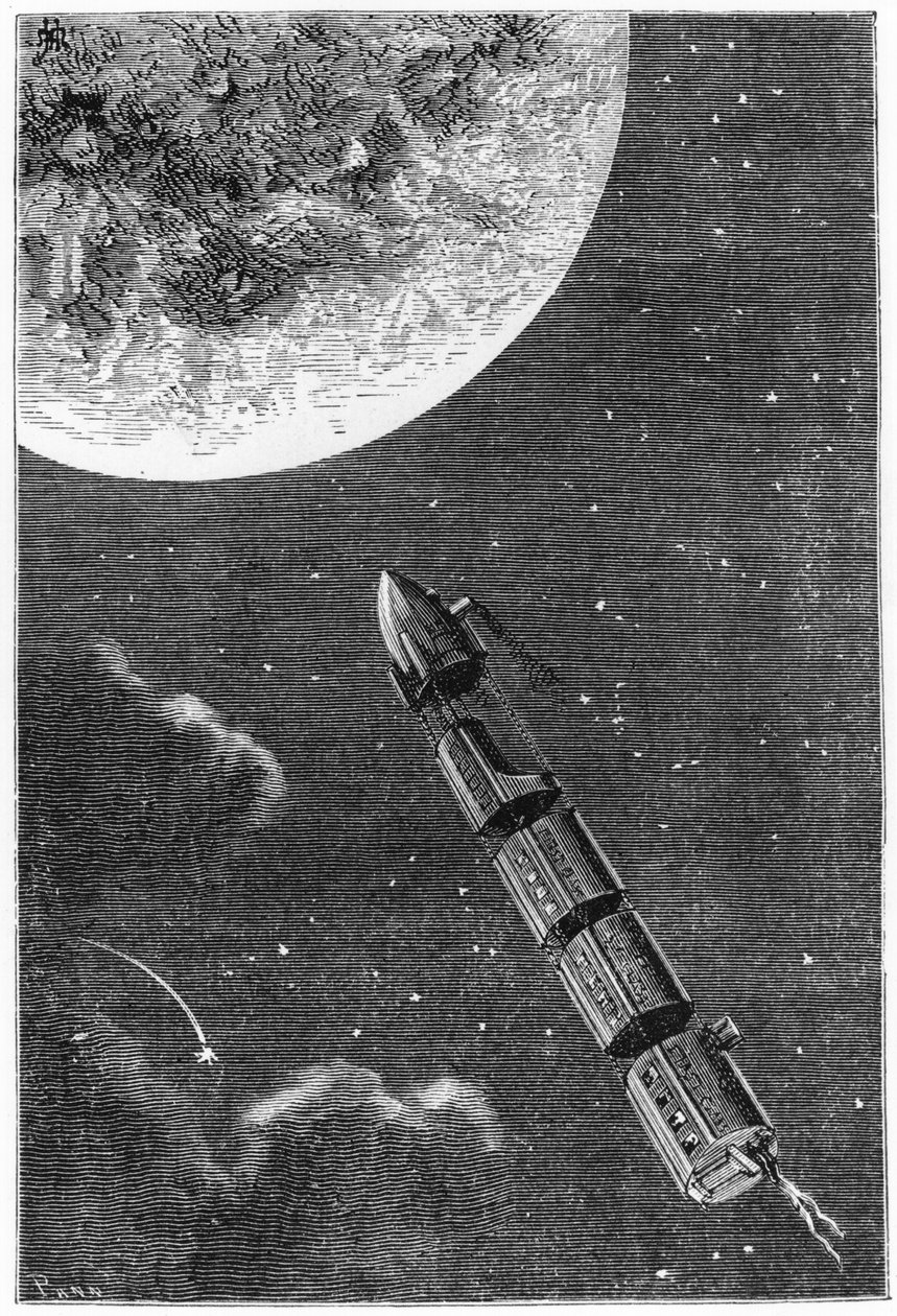 Leaving for the Moon, illustration från From the Earth to the Moon av Jules Verne (1828-1905) Paris, Hetzel, publicerad 1865 av French School