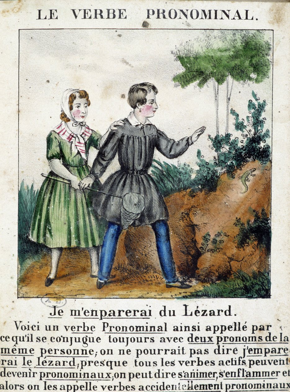 Lektion om pronominala verb. I ""La grammar en images"", broschyralbum, ca 1850. av French School
