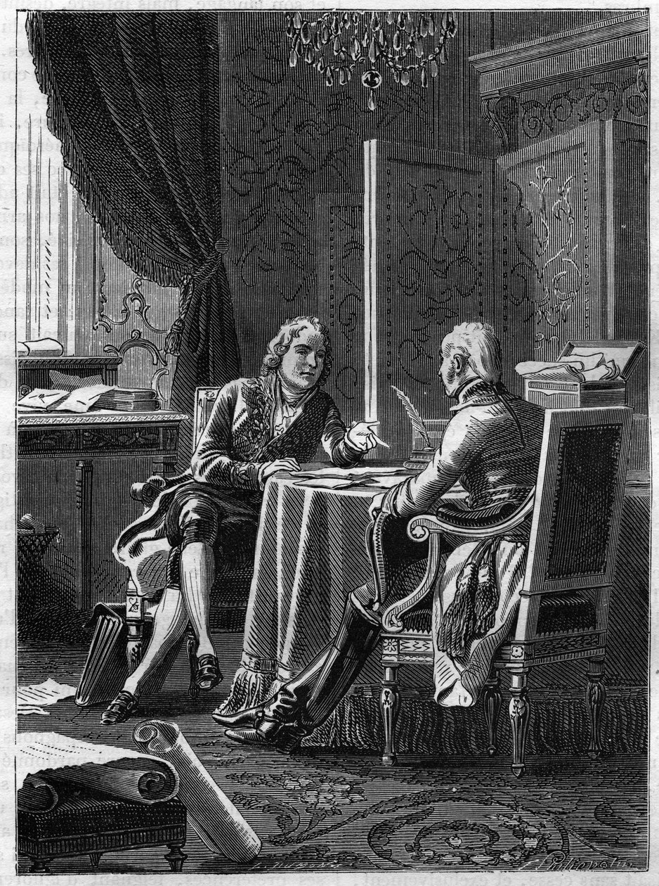 Föreläsning mellan greven av Saint Julien (Saint-Julien), representant för Österrike, och Charles Maurice av Talleyrand Perigord (Talleyrand-Perigord) av French School