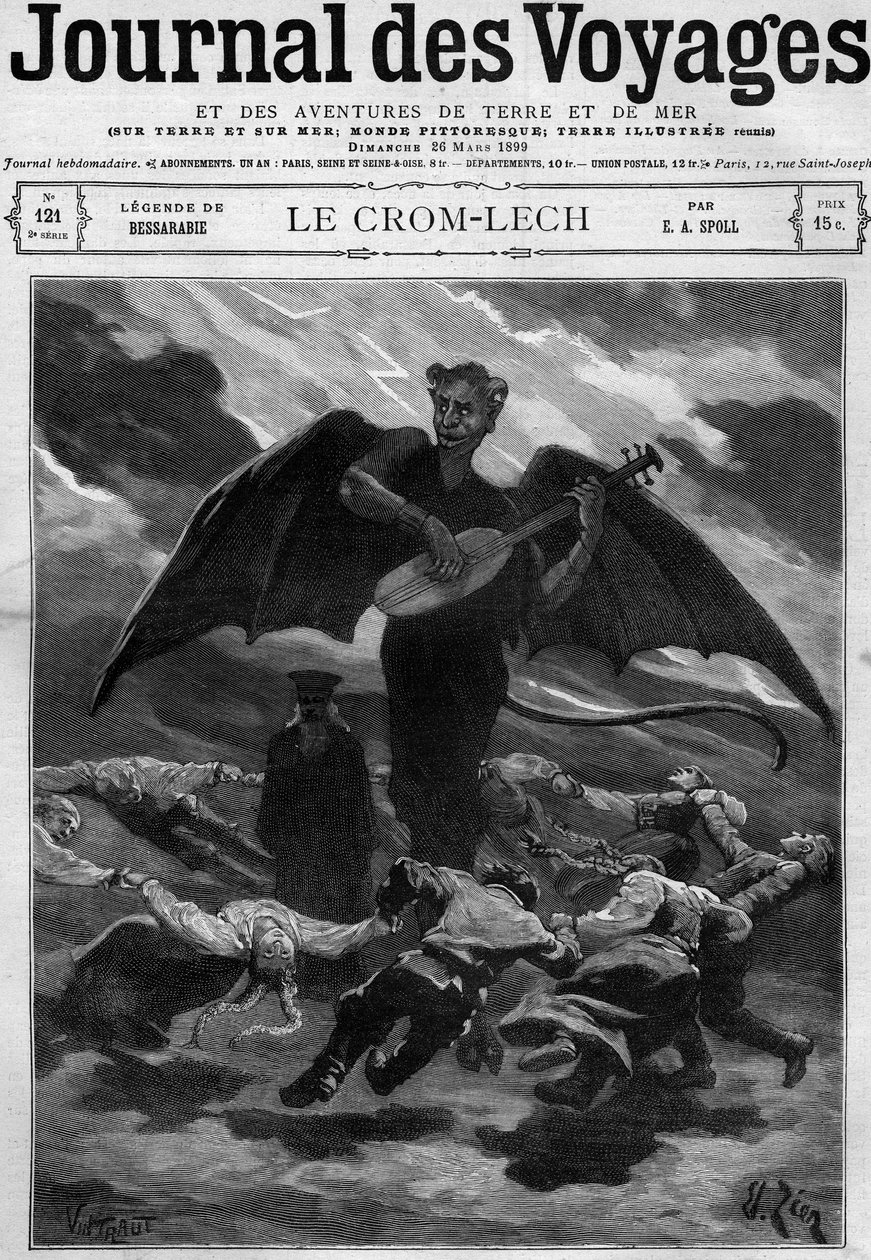 Legenden om Bessarabien (Östeuropa): Crom Lech (Crom-Lech). Satan, som spelar balalaika, tränar dansare till en ändlös runda. Gravyr i "" Journal des Voyages"" av den 26 mars 1899. av French School
