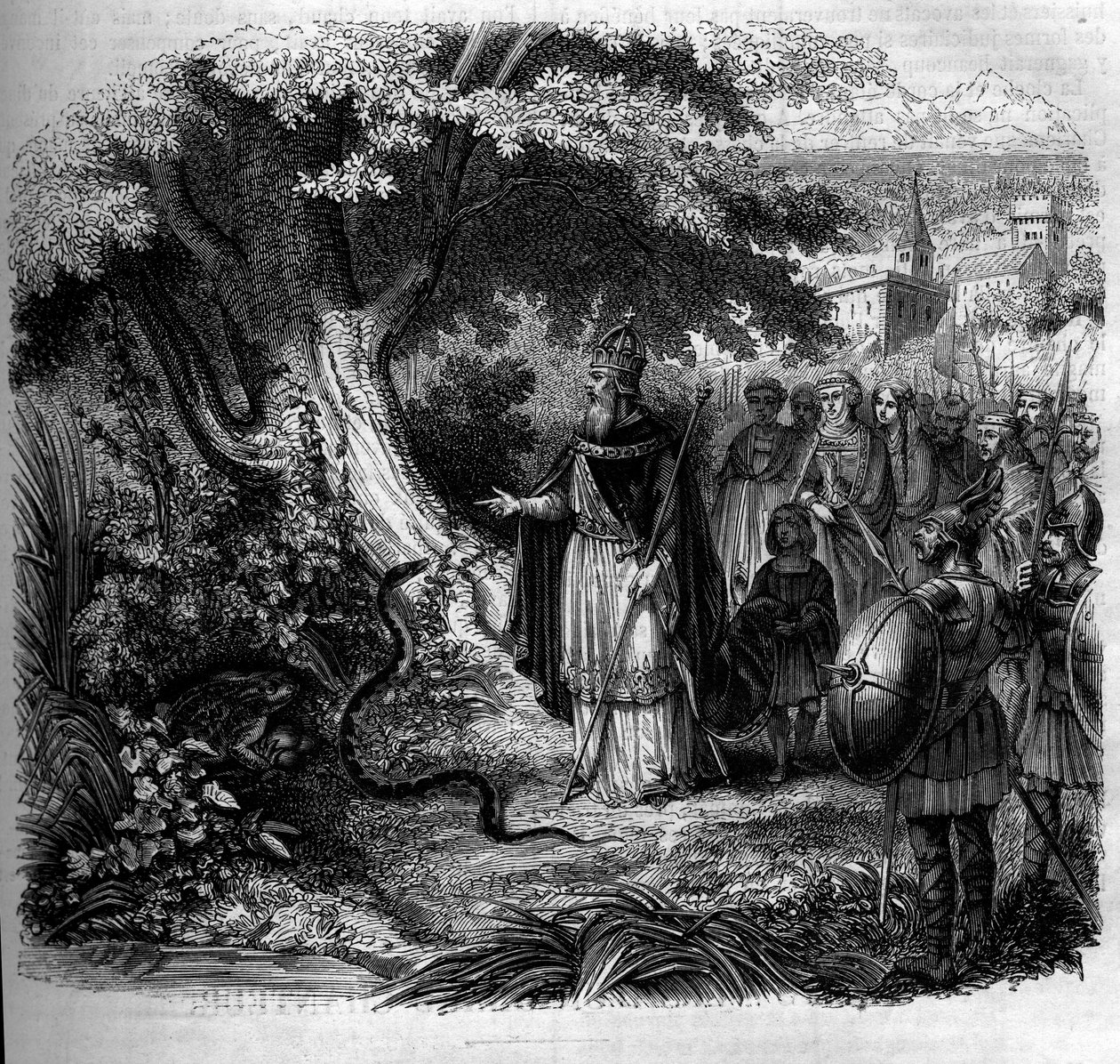 Legenden om Karl den Store och ormen: kejsaren framför ormens bo upptagen av en padda. Gravyr från 1852. av French School