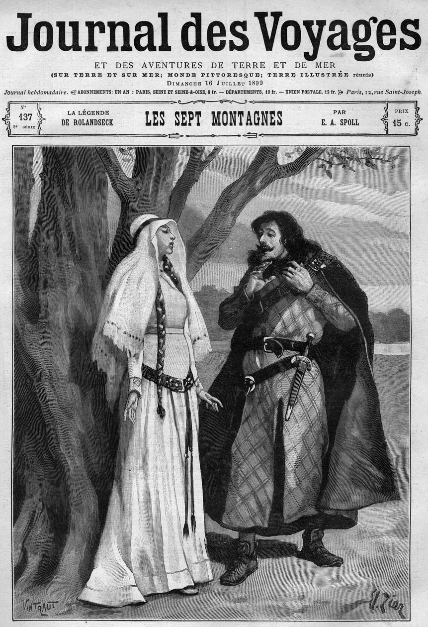 Legenden om Rolandseck: Hildegonde får veta om Rolands, hans fästmans död, och förblir tyst av smärta. Tysk bearbetning av "" Song of Roland"". Gravyr i "" Journal des Voyages"" den 16 juli av French School