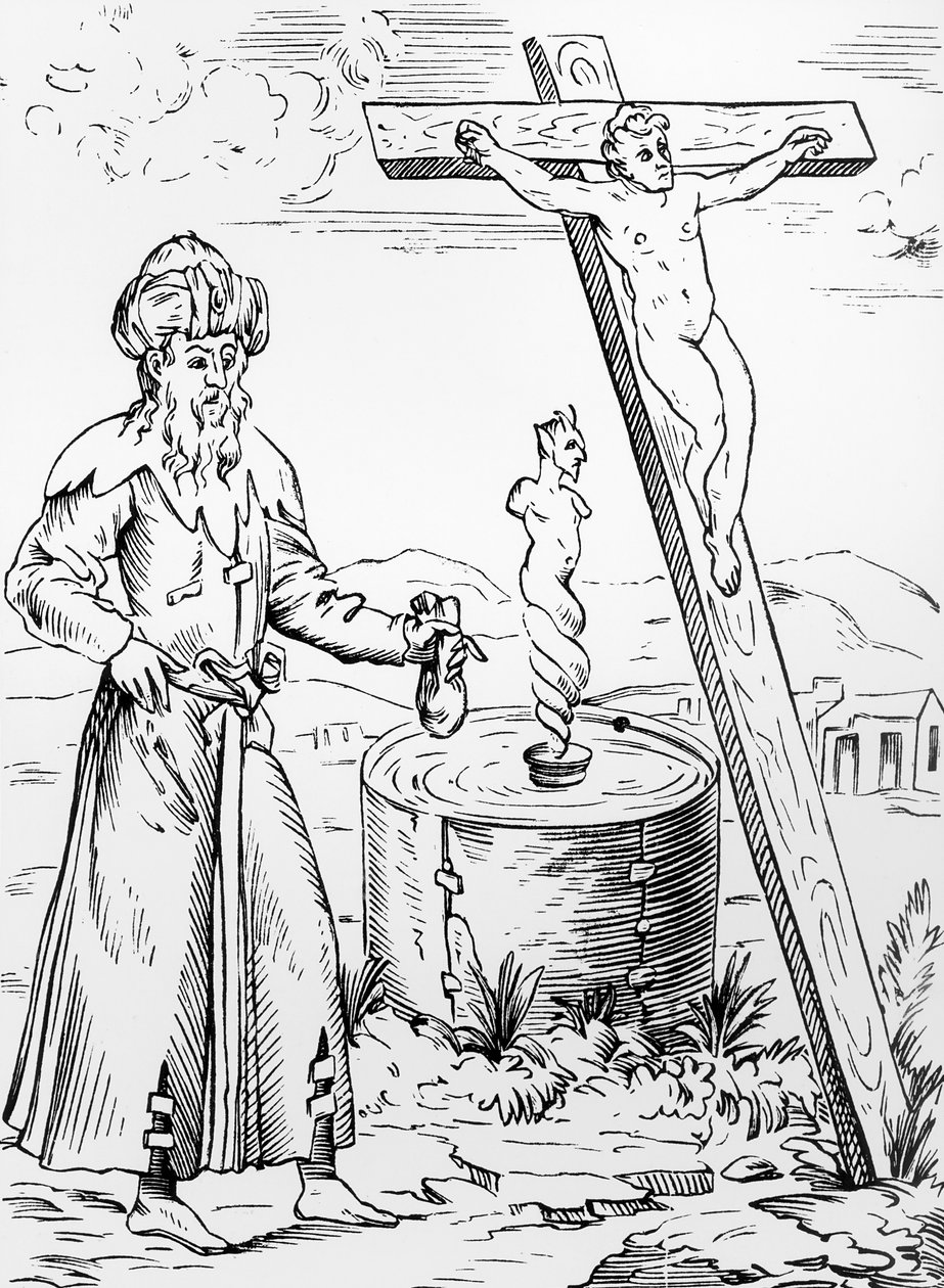 Legenden om juden som kallar på djävulen från ett blodkärl, efter ett träsnitt i Histoires Prodigieux av Pierre Boaistuau, publicerad 1560 av French School
