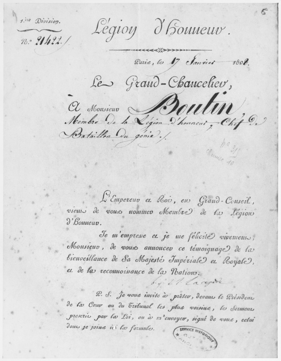Hederslegion ges till överste du Genie Boutin, 17 januari 1808 av French School