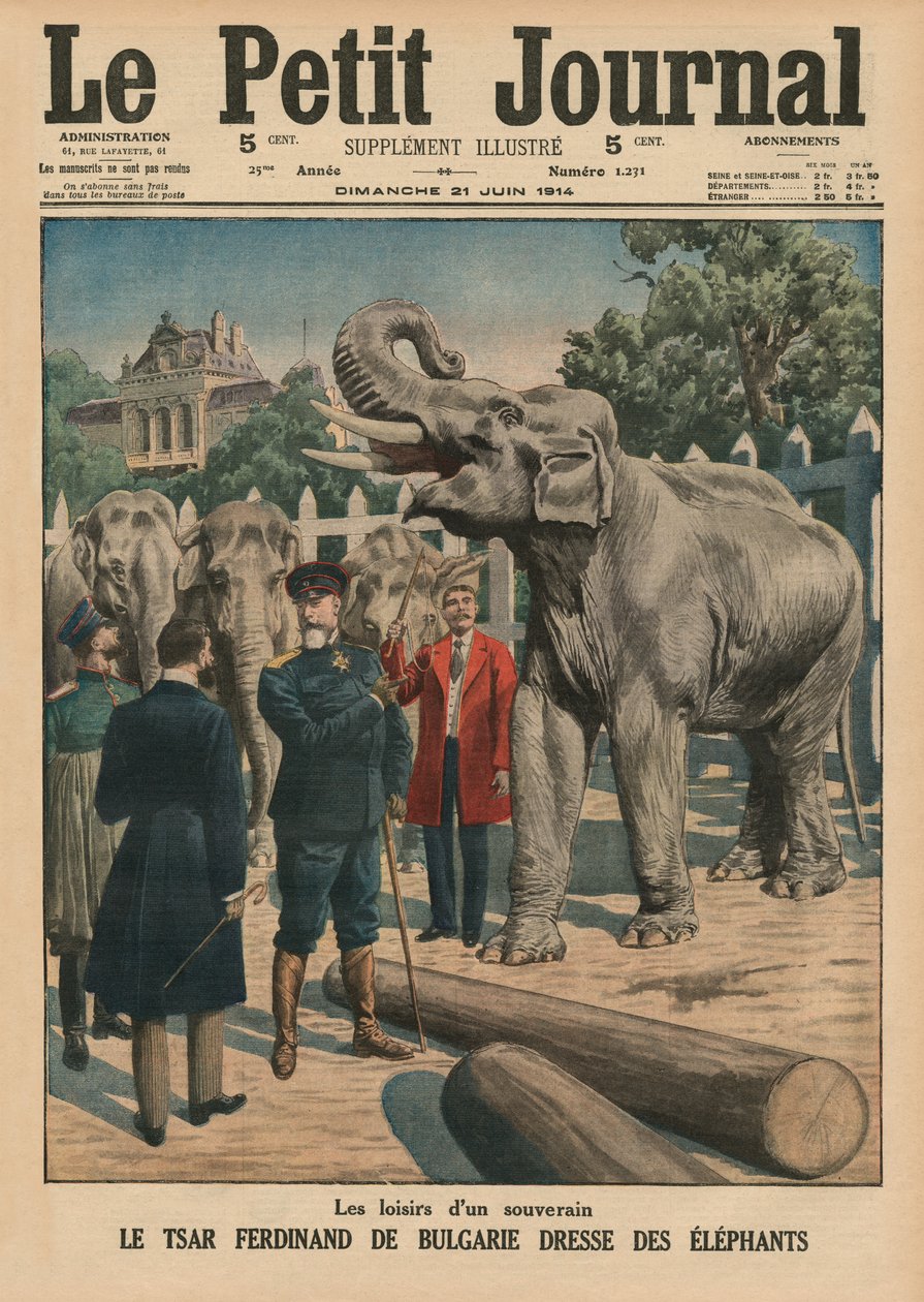 Fritid för en suverän, tsar Ferdinand I av Bulgarien som tämjer elefanter, illustration på framsidan från "Le Petit Journal", bilaga illustre, 21 juni 1914 av French School
