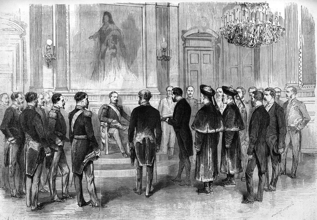Kejsar Napoleon III (1808-1873) tar emot kinesiska ambassadörer och deras tolkar i Salon des Tuileries i Paris av French School