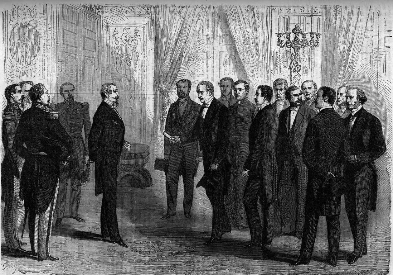 Kejsar Napoleon III tar emot på Tuilerierna den mexikanska delegationen som är ansvarig för att erbjuda Mexikos krona till prins Maximilian (Maximilian 1:a av Mexiko). Paris av French School