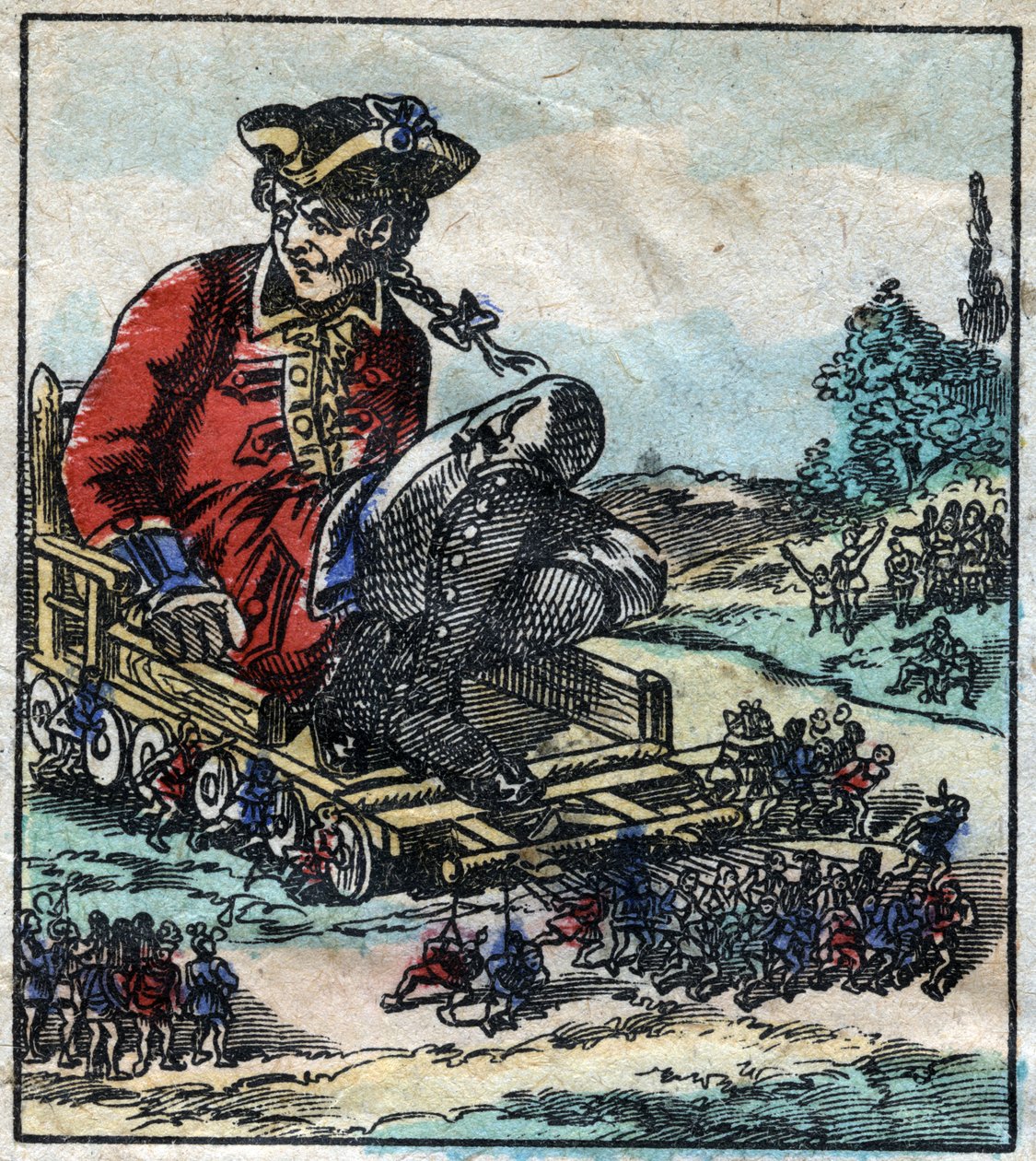 Lemuel Gulliver, en fånge transporteras på en vagn som dras av lilliputerna. Illustration för "" Gulliver