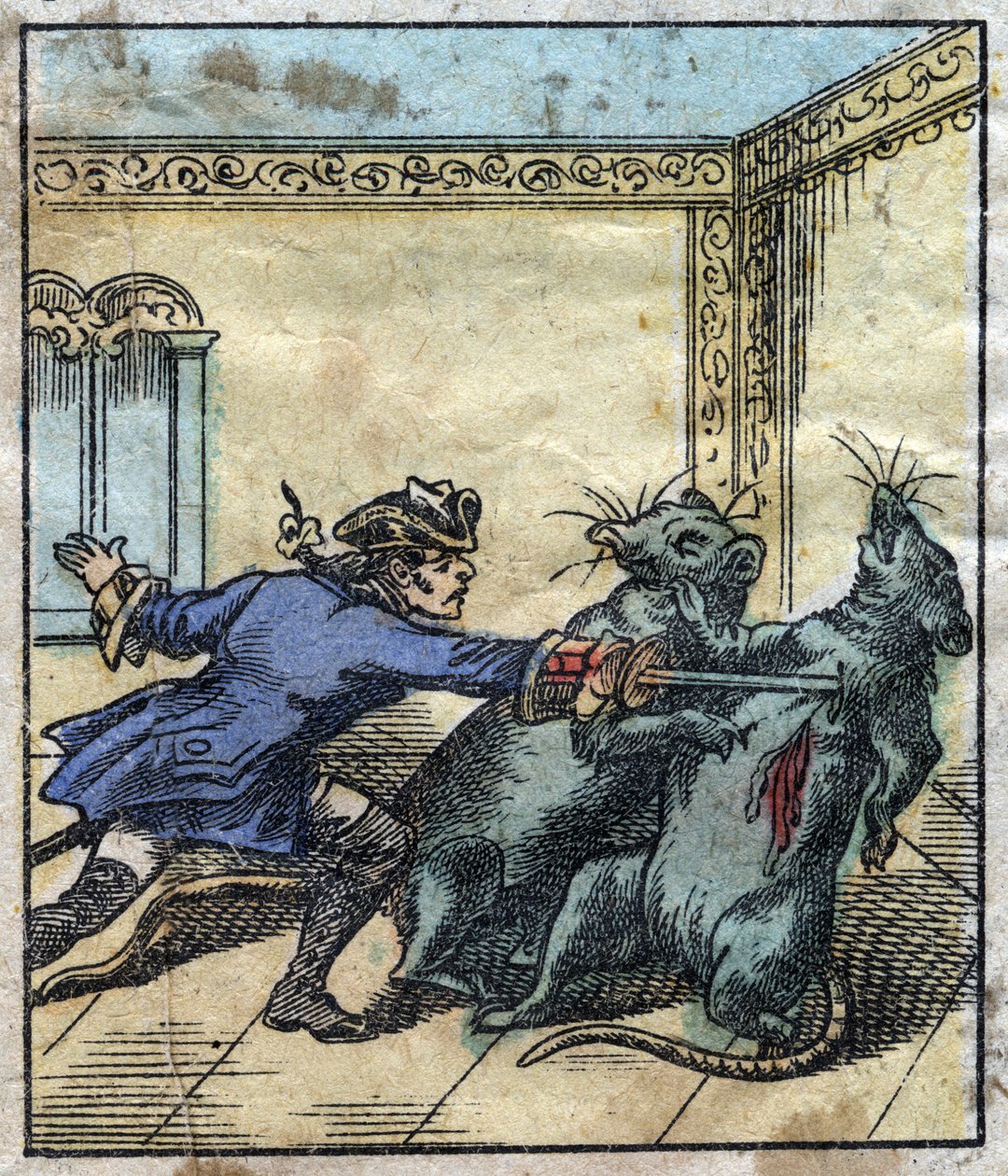 Lemuel Gulliver slåss mot råttor i Brobdingnags jättars land. Illustration för "" Gulliver