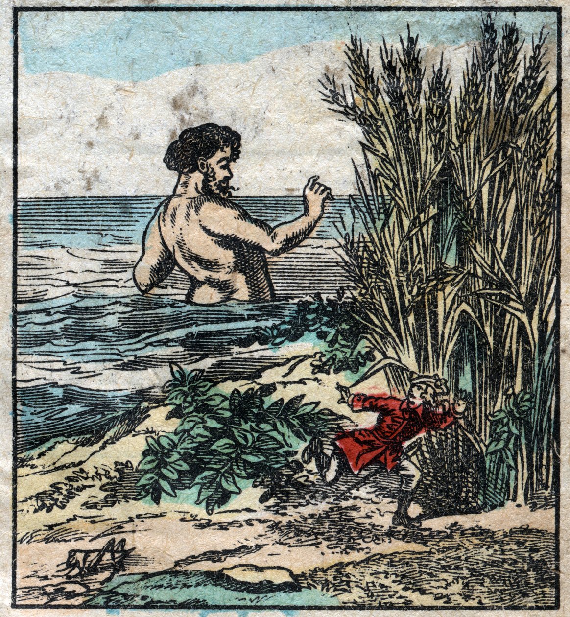 Lemuel Gulliver gömmer sig för en jätte i Brobdingnag. Illustration för "" Gulliver