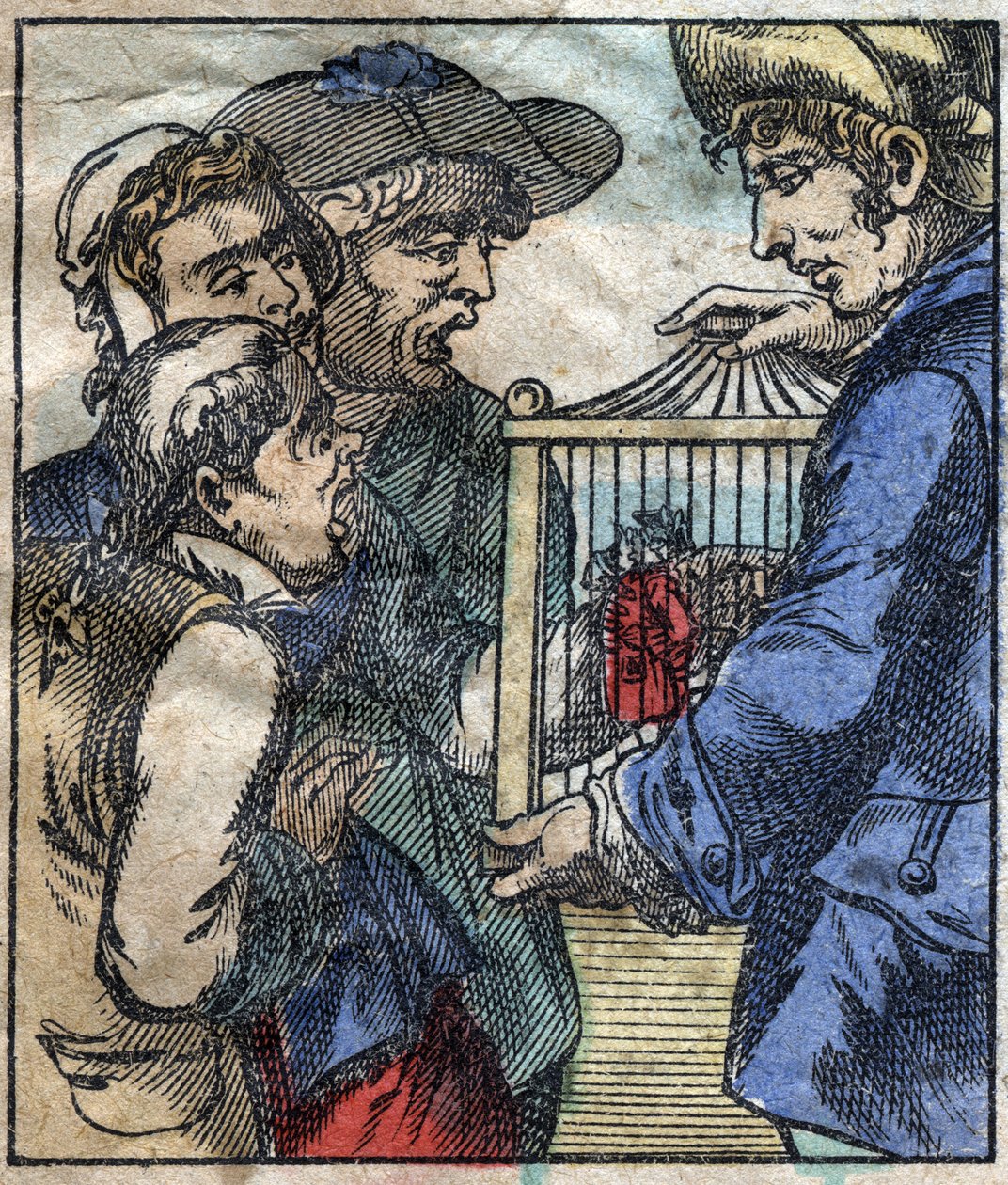 Lemuel Gulliver, i en bur visas för jättarna i Brobdingnag. Illustration för "" Gulliver