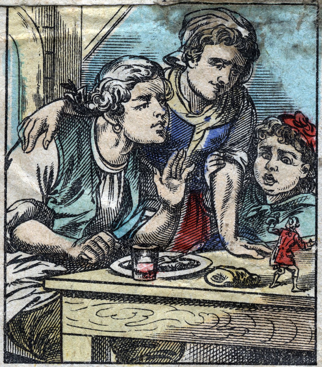 Lemuel Gulliver på familjen Glumdalclitchs bord, i Brobdingnags jättars land. Illustration för "" Gulliver